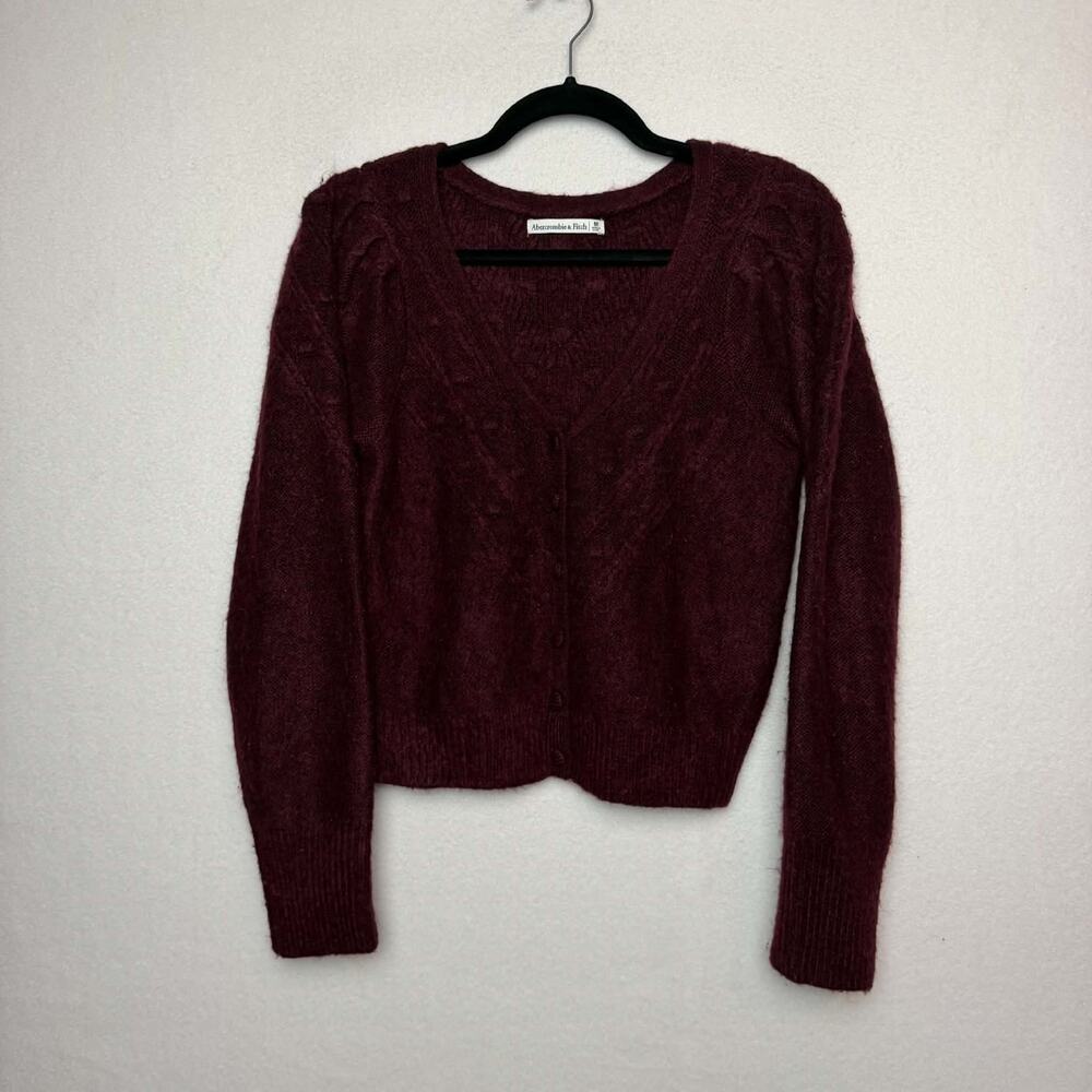 Abercrombie & Fitch Fuzzy Knit Long Sleeve Cardigan Burgundy Sweater Size Medium
